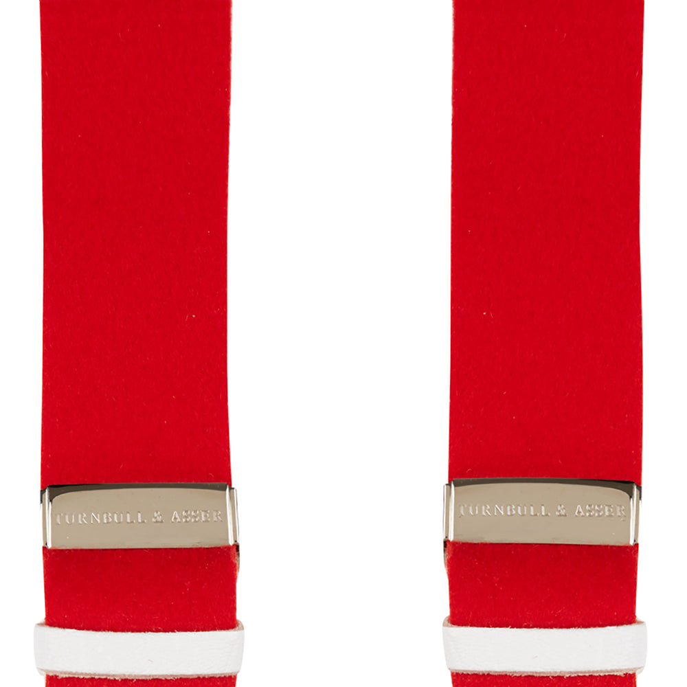 Two Red Adjustable Felt Braces by Turnbull & Asser, featuring white leather ends and silver-tone clasps, made in England from classic boxcloth, are laid flat on a white background.