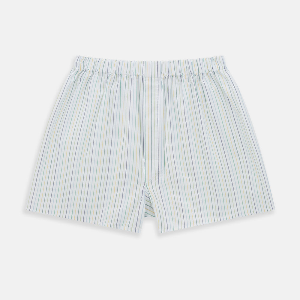 Turnbull & Asser Multicoloured Stripe Godfrey Boxer Shorts, crafted from Italian cotton with an elastic waistband—luxury men's underwear shown flat on a white background.