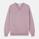 The Turnbull & Asser Lilac Heather Paden Cashmere V-Neck Jumper is laid flat on a white background, showcasing its light purple hue, ribbed cuffs and hem, long sleeves, and soft heathered texture.