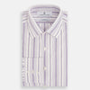 View 5 of product The Purple Multi Stripe Mayfair Shirt by Turnbull & Asser is a long-sleeve, collared button-up featuring vertical blue and purple stripes on white, ideal for formal occasions. The shirt is neatly displayed flat against a white background.