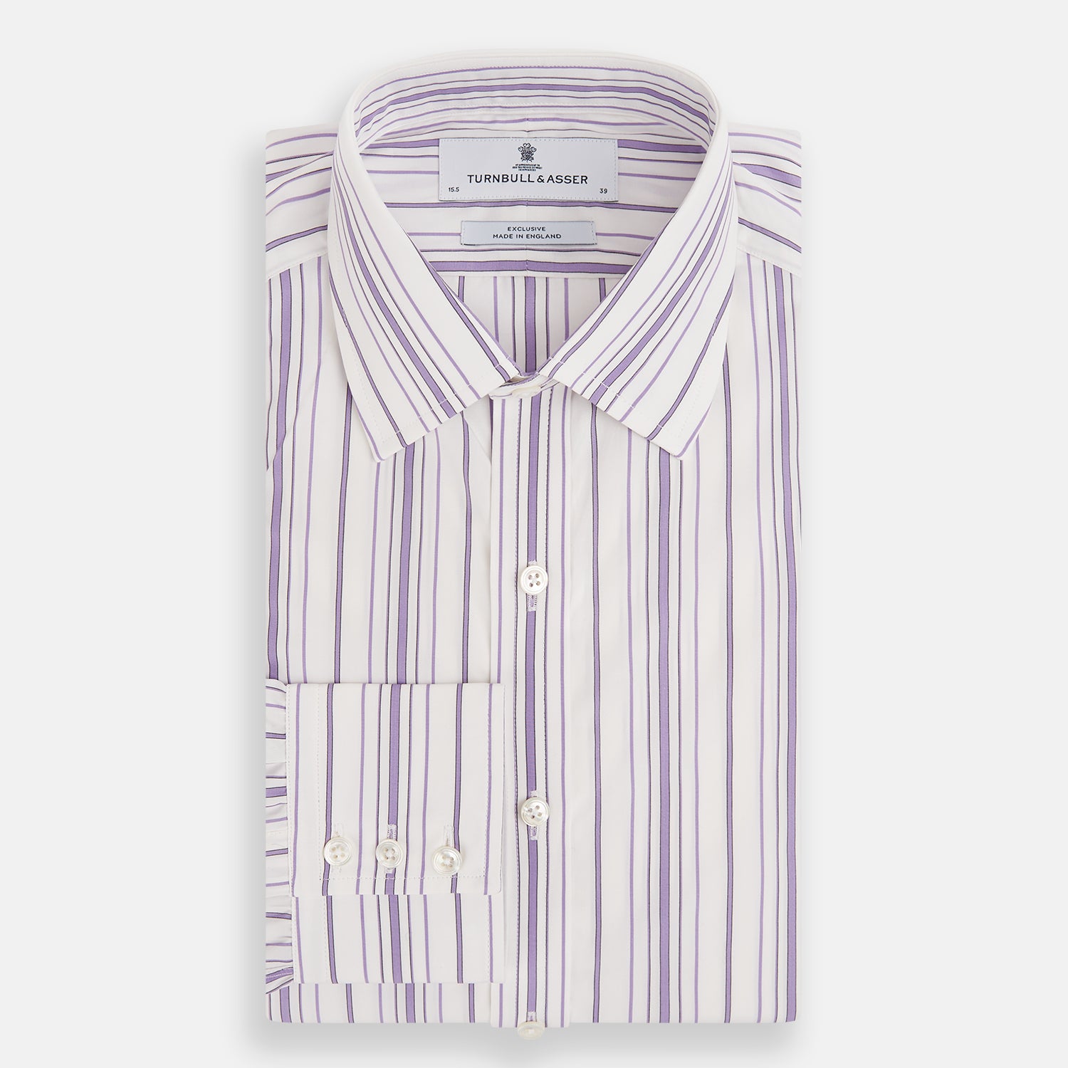 View 5 of product The Purple Multi Stripe Mayfair Shirt by Turnbull & Asser is a long-sleeve, collared button-up featuring vertical blue and purple stripes on white, ideal for formal occasions. The shirt is neatly displayed flat against a white background.
