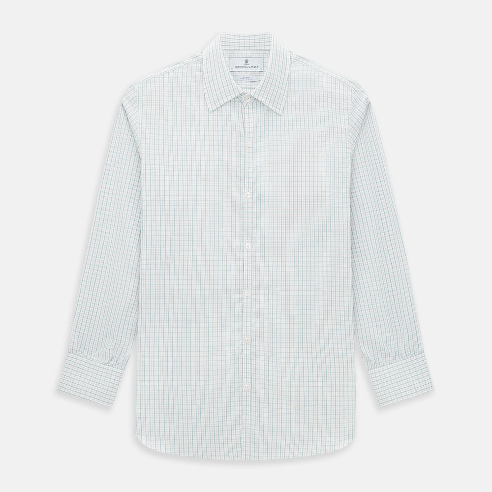 The Turnbull & Asser Turquoise and Red Multi Check Westminster shirt features long sleeves, a standard collar, and buttoned cuffs, showcasing fine British craftsmanship. It’s pictured laid flat on a white background.