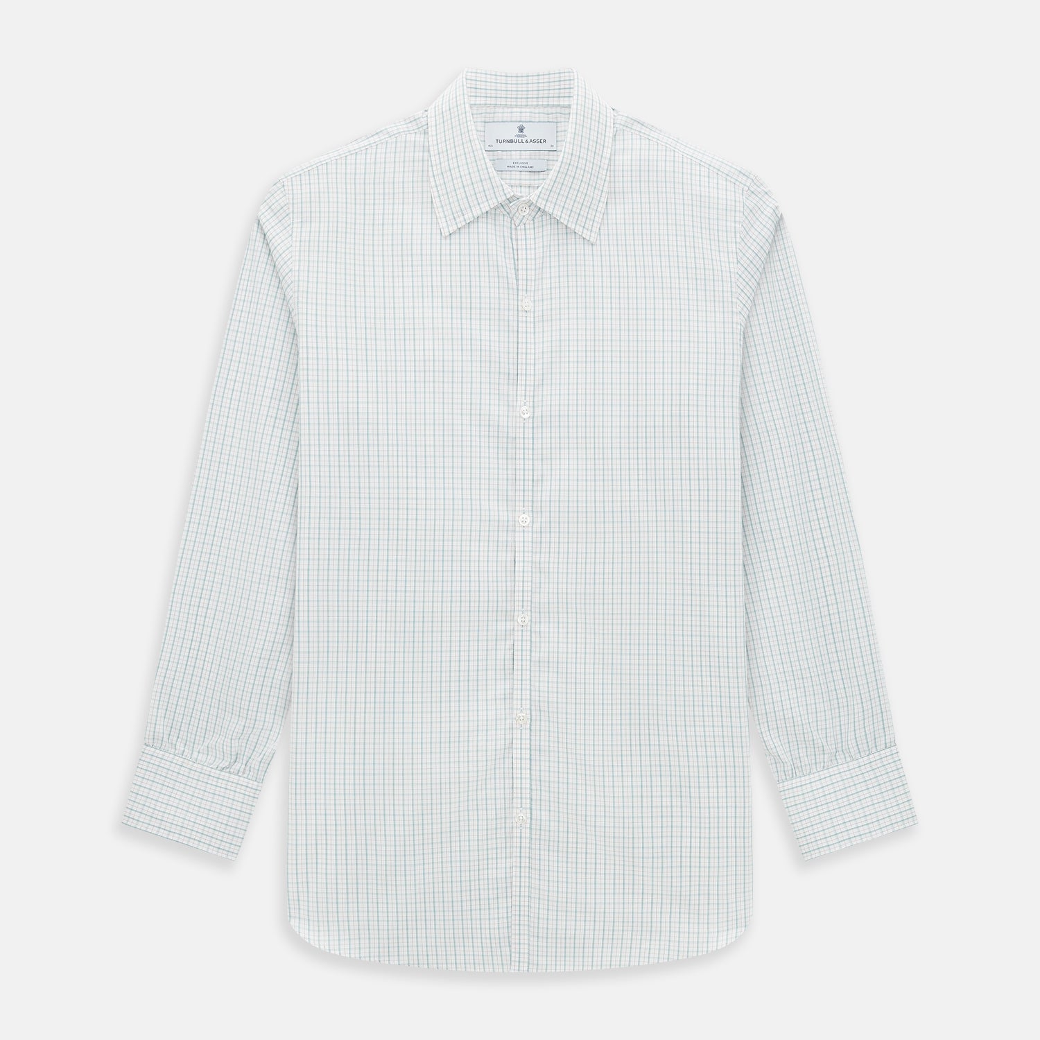 View 1 of product The Turnbull & Asser Turquoise and Red Multi Check Westminster shirt features long sleeves, a standard collar, and buttoned cuffs, showcasing fine British craftsmanship. It’s pictured laid flat on a white background.