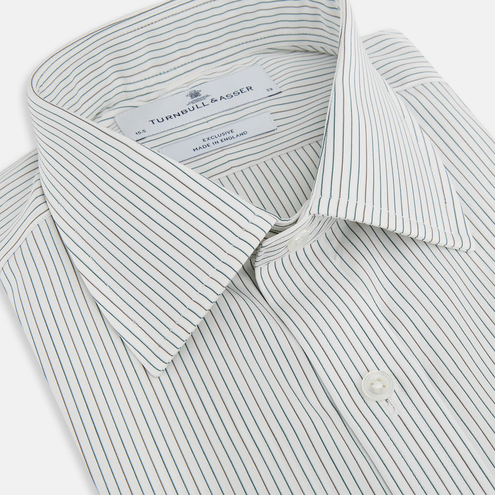 The Turnbull & Asser Green and Brown Ticking Stripe Mayfair Shirt, a long-sleeve, button-up style with a T&A collar, is crafted from premium Italian cotton and laid flat on a white background.