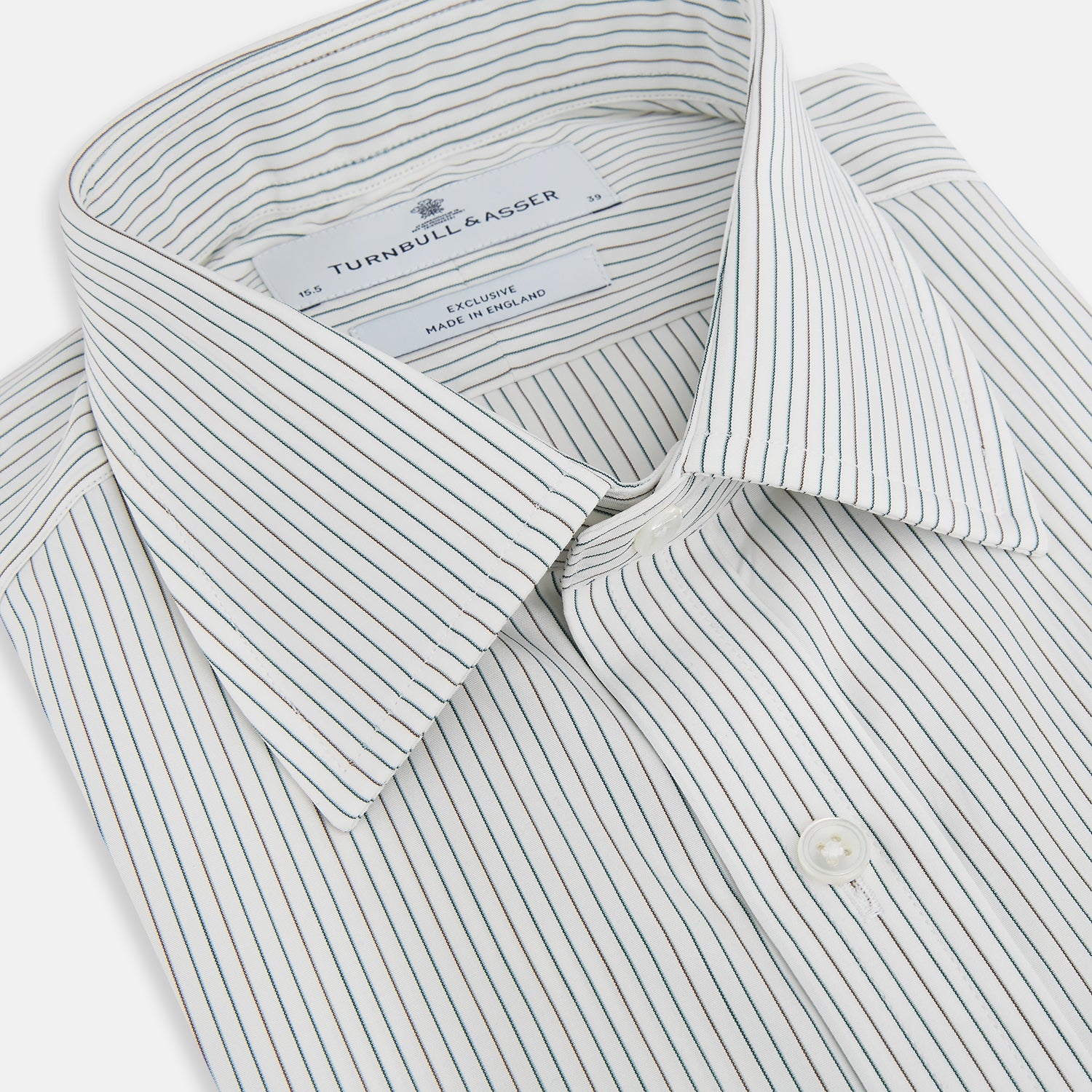 View 2 of product The Turnbull & Asser Green and Brown Ticking Stripe Mayfair Shirt, a long-sleeve, button-up style with a T&A collar, is crafted from premium Italian cotton and laid flat on a white background.