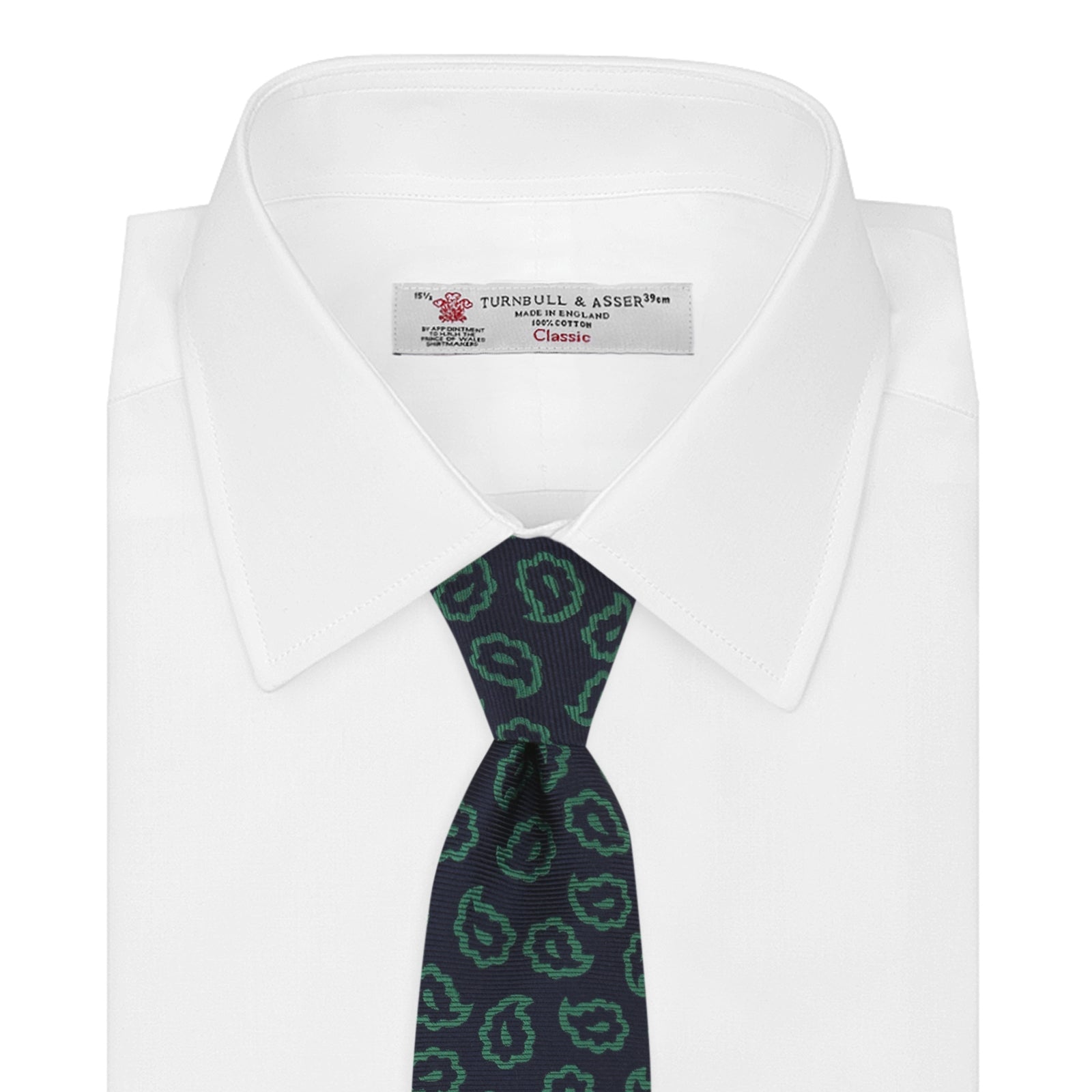 View 3 of product The Turnbull & Asser Navy and Green Petal Paisley Silk Tie is a stylish accessory, featuring timeless paisley motifs on silk, making it an elegant addition to any wardrobe.