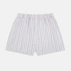 View 1 of product The Purple Multi-Stripe Godfrey Boxer Shorts by Turnbull & Asser are loose-fitting, knee-length, and made from luxury Italian cotton with vertical light blue, red, and navy stripes on a white background.