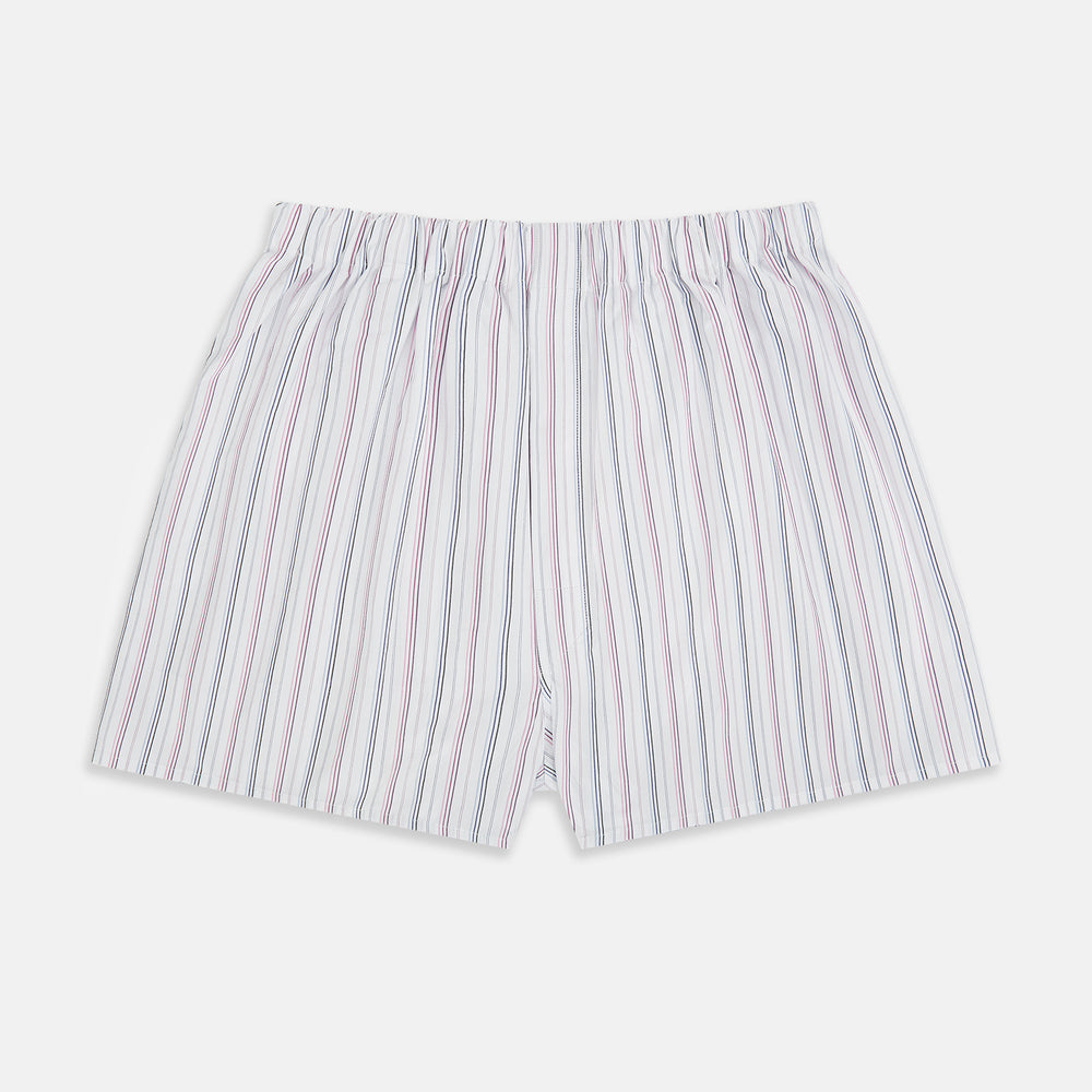 The Purple Multi-Stripe Godfrey Boxer Shorts by Turnbull & Asser are loose-fitting, knee-length, and made from luxury Italian cotton with vertical light blue, red, and navy stripes on a white background.