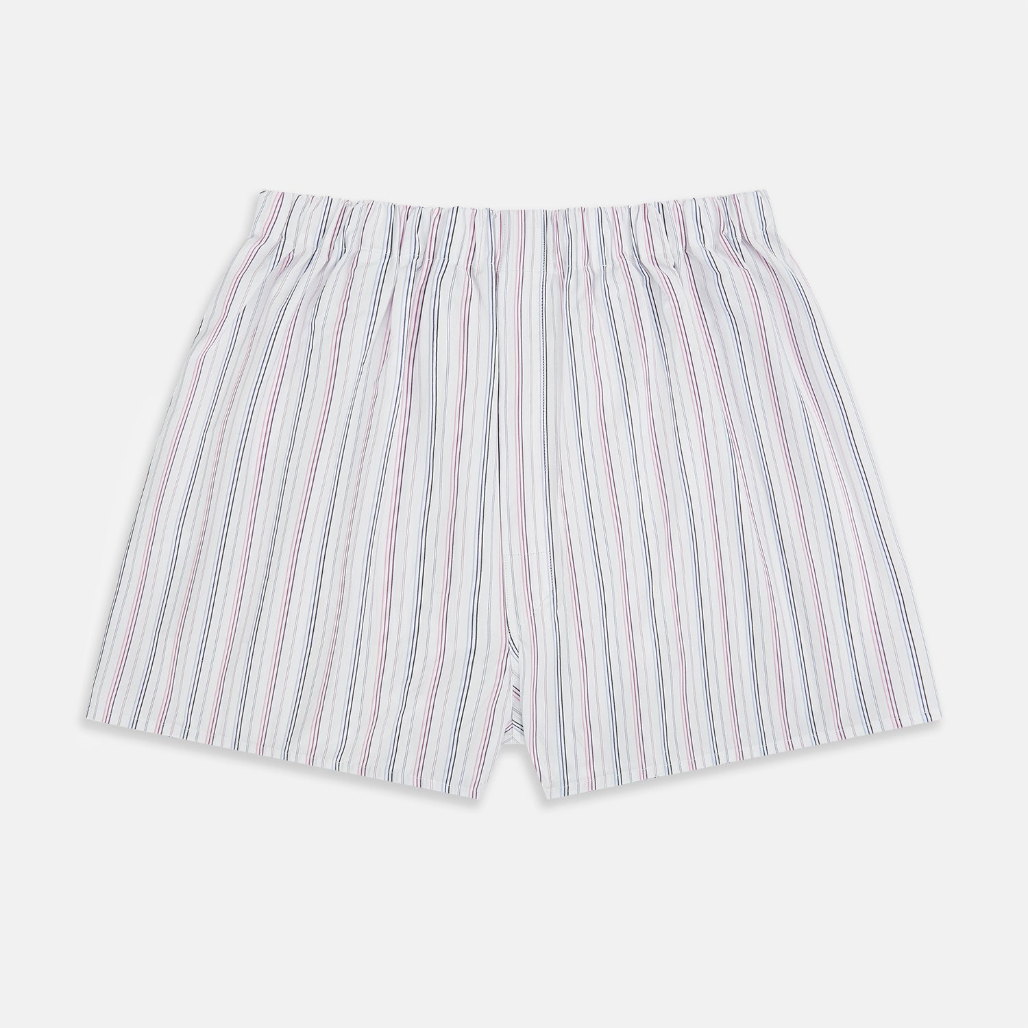 View 1 of product The Purple Multi-Stripe Godfrey Boxer Shorts by Turnbull & Asser are loose-fitting, knee-length, and made from luxury Italian cotton with vertical light blue, red, and navy stripes on a white background.