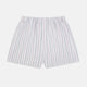 The Purple Multi-Stripe Godfrey Boxer Shorts by Turnbull & Asser are loose-fitting, knee-length, and made from luxury Italian cotton with vertical light blue, red, and navy stripes on a white background.