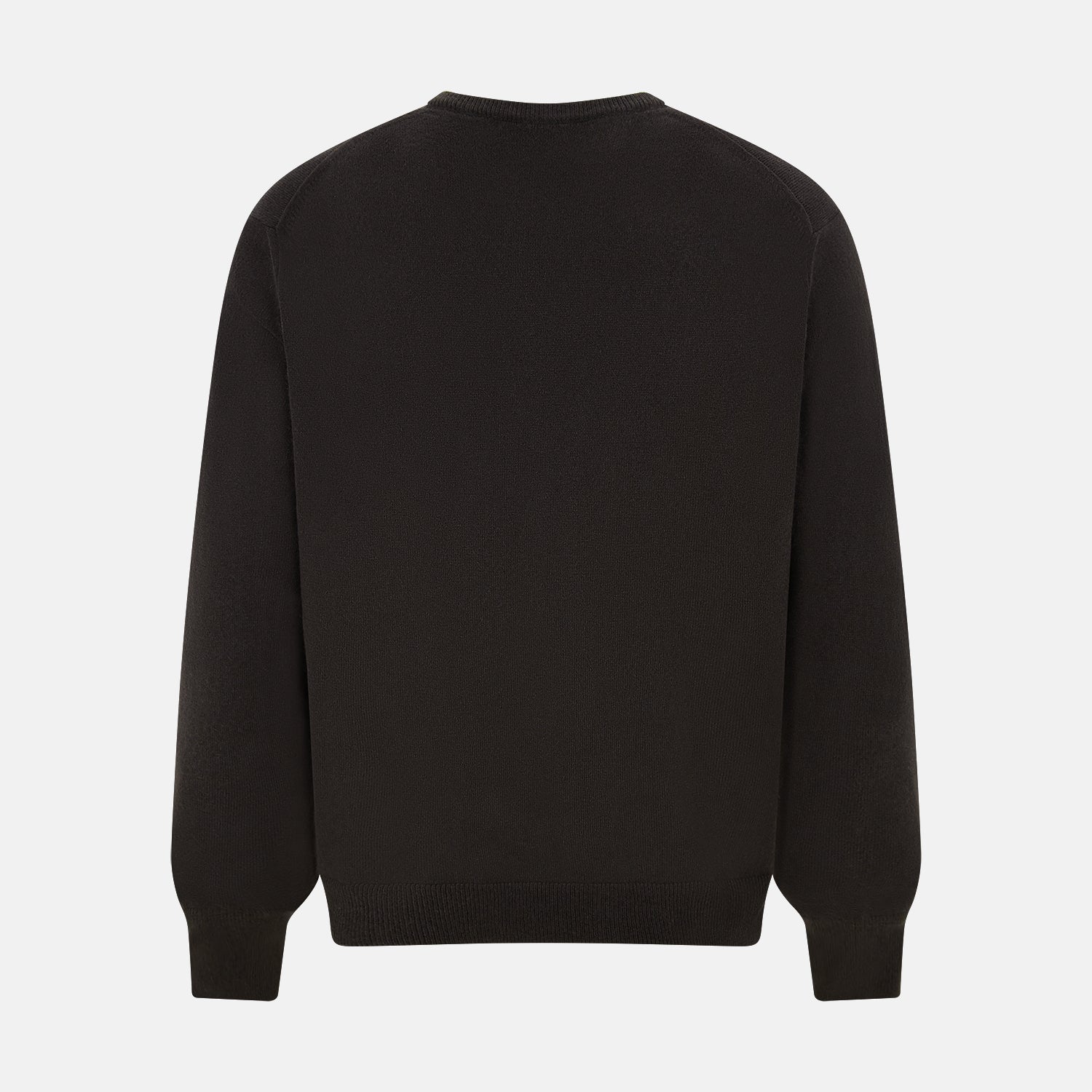 View 3 of product The Turnbull & Asser Dark Brown Cashmere V-Neck Jumper features long sleeves, ribbed cuffs, and a ribbed hem—timeless knitwear shown on a white background, perfect for elevating any wardrobe.