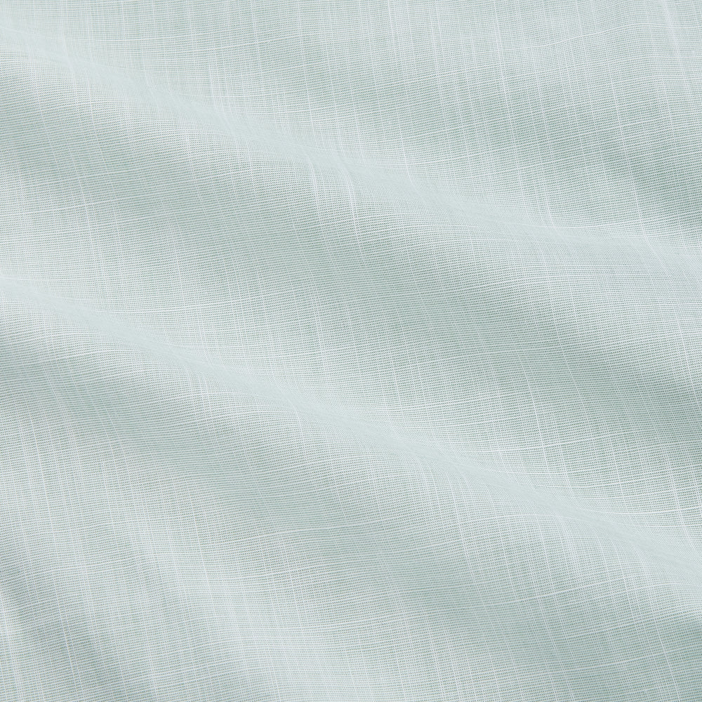 The Turnbull & Asser Light Green Chambray Regular Fit Mayfair Shirt for men features long sleeves, a collar, white buttons, and buttoned cuffs, displayed flat on a white background.