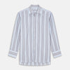 View 1 of product The Turnbull & Asser Pale Blue and Yellow Stripe Cotton Regular Fit Mayfair Shirt is a long-sleeve, button-down formal shirt for men, shown on a plain white background.