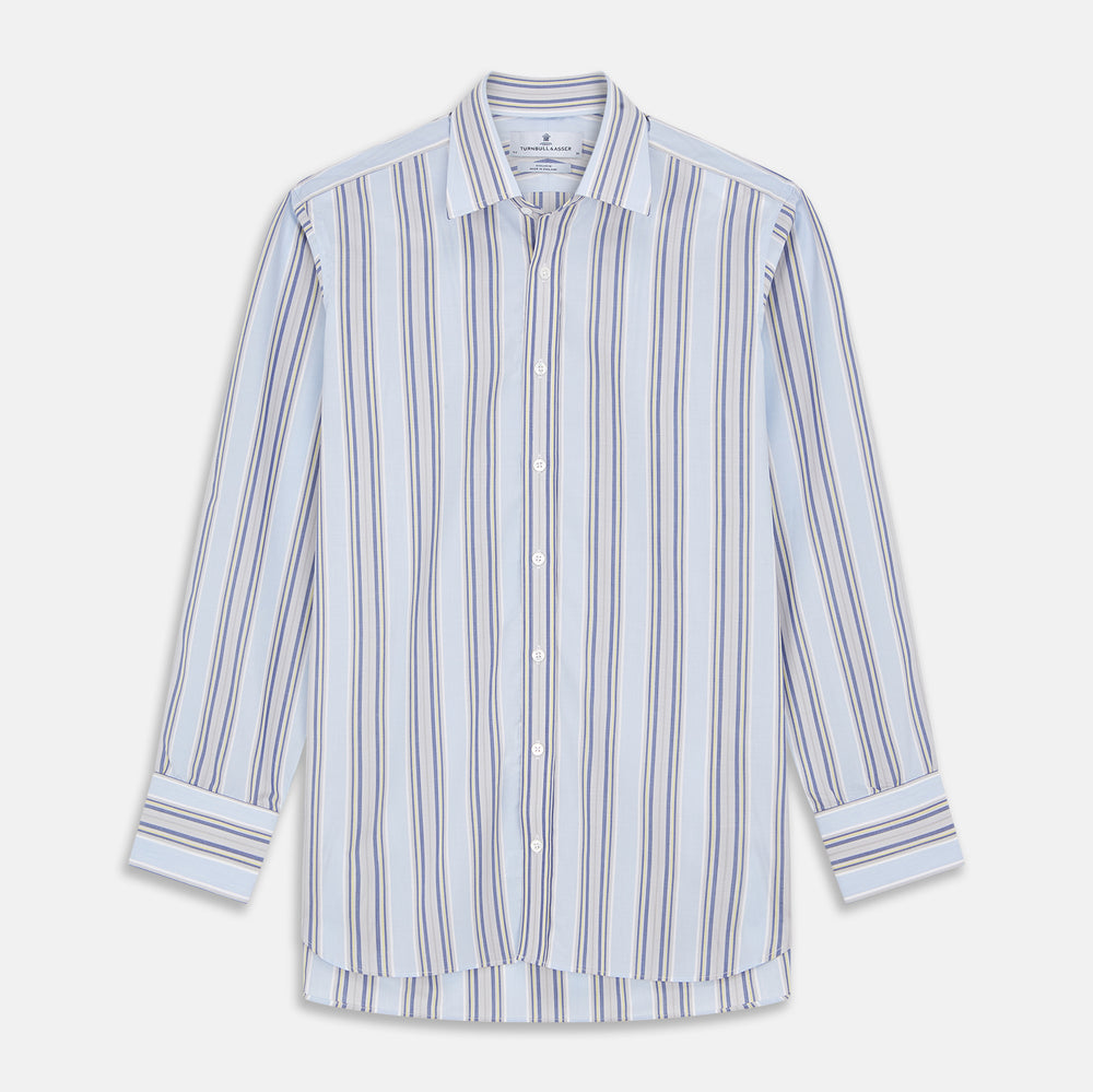 The Turnbull & Asser Pale Blue and Yellow Stripe Cotton Regular Fit Mayfair Shirt is a long-sleeve, button-down formal shirt for men, shown on a plain white background.
