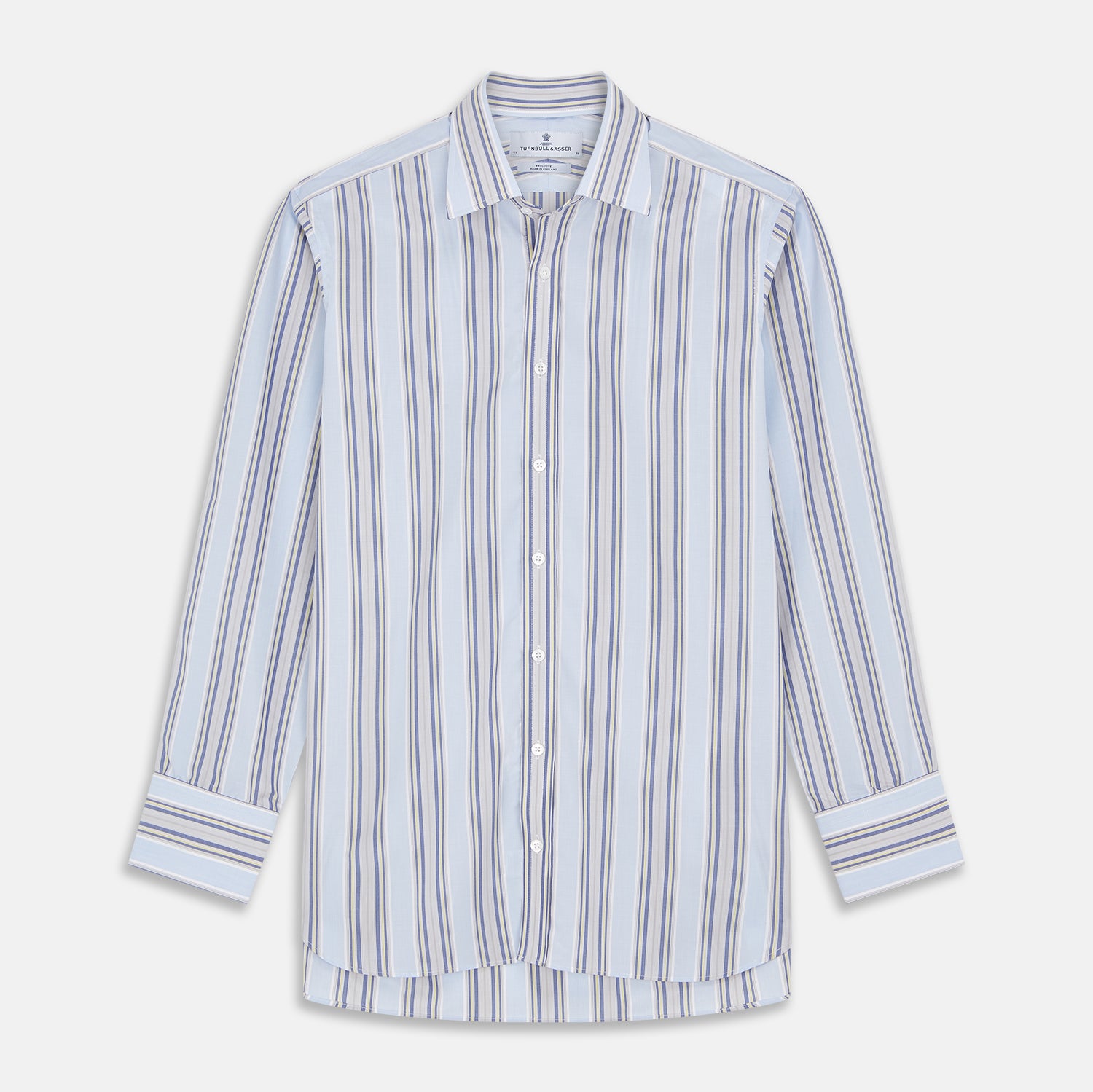 View 1 of product The Turnbull & Asser Pale Blue and Yellow Stripe Cotton Regular Fit Mayfair Shirt is a long-sleeve, button-down formal shirt for men, shown on a plain white background.