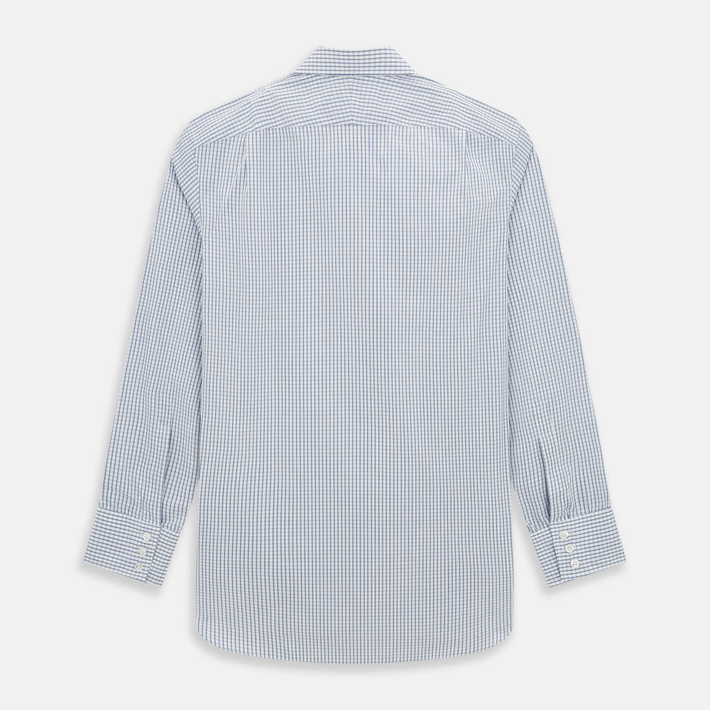 The Turnbull & Asser Blue Multi Tattersall Check Mayfair Shirt is a long-sleeved, button-down shirt featuring a small blue and white check pattern, pointed collar, and cuffs, shown laid flat on a white background.