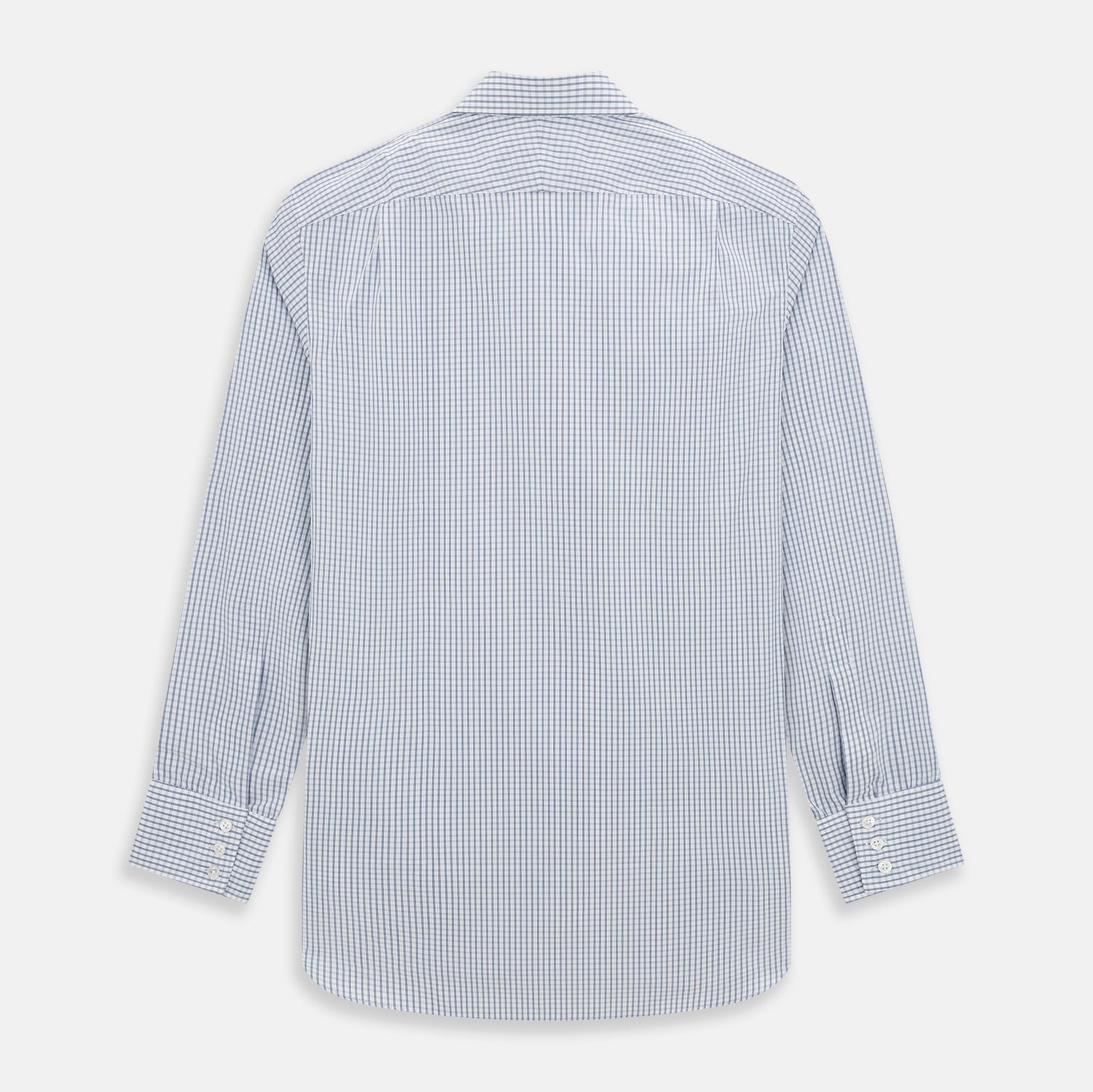 View 3 of product The Turnbull & Asser Blue Multi Tattersall Check Mayfair Shirt is a long-sleeved, button-down shirt featuring a small blue and white check pattern, pointed collar, and cuffs, shown laid flat on a white background.