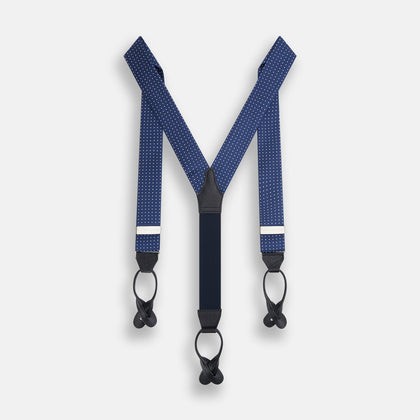 Navy & White Small Spot Adjustable Silk and Navy Leather Braces Image 1