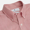 View 4 of product The Turnbull & Asser Dark Red Chambray Stripe Weekend Fit Shirt with a Dorset collar features striped cotton, two chest pockets with button flaps, and white front and cuff buttons—perfect for a relaxed yet stylish weekend look.