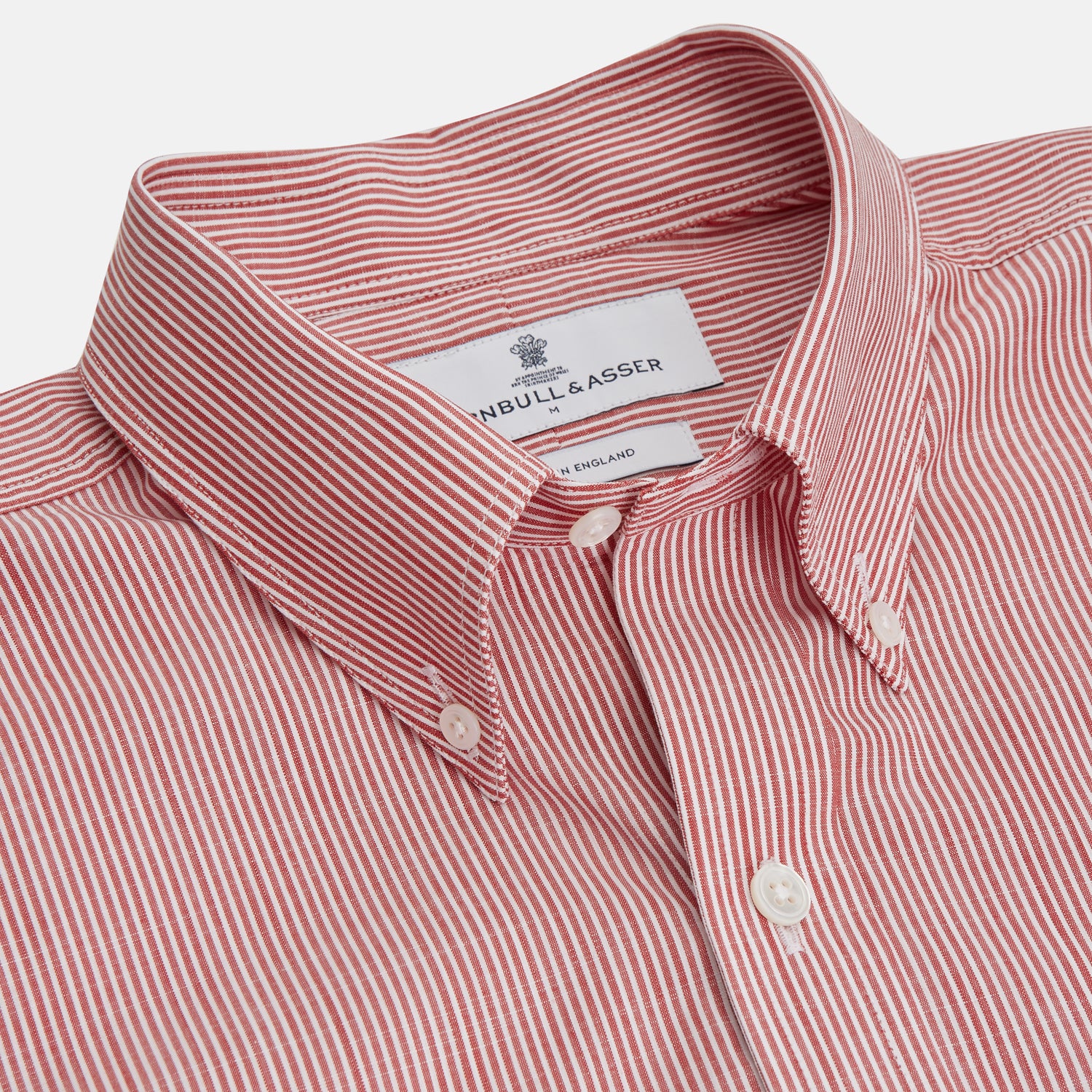 View 4 of product The Turnbull & Asser Dark Red Chambray Stripe Weekend Fit Shirt with a Dorset collar features striped cotton, two chest pockets with button flaps, and white front and cuff buttons—perfect for a relaxed yet stylish weekend look.