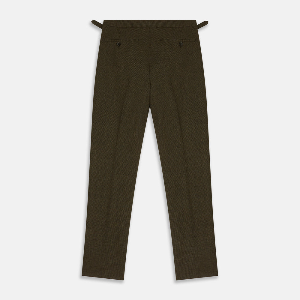 The Brown Puppytooth Wool Jonathan Trousers by Turnbull & Asser are straight-leg tailored trousers with belt loops, side pockets, and a front crease, shown on a white background.