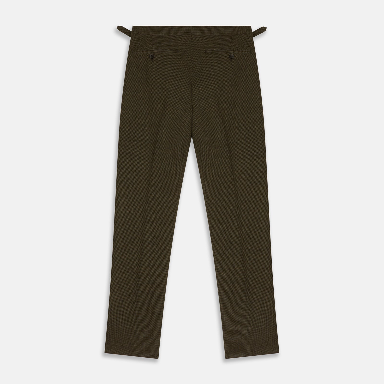 View 3 of product The Brown Puppytooth Wool Jonathan Trousers by Turnbull & Asser are straight-leg tailored trousers with belt loops, side pockets, and a front crease, shown on a white background.