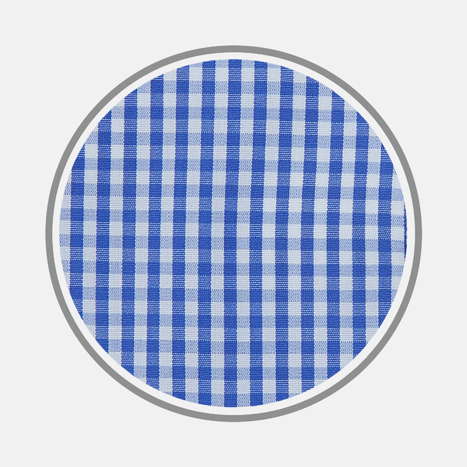 View 1 of product A circular swatch of Turnbull & Asser's Mid Blue Gingham Check Cotton Fabric, featuring a blue and white check pattern and a gray border, is shown against a plain white background.