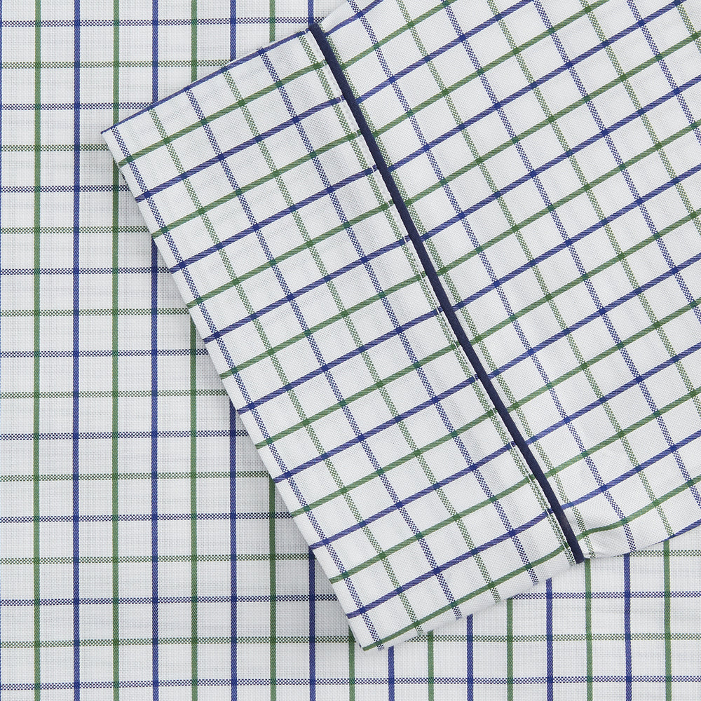 The Turnbull & Asser Green and Blue Check Cotton Hyde Pyjama Set for men features a long-sleeve, button-up top and pants with contrasting dark piping, shown laid flat on a white background.