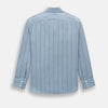 View 3 of product The Steel Blue Track Stripe Westminster Shirt by Turnbull & Asser features dark pinstripes, a classic collar, white buttons, and buttoned cuffs—expertly crafted to highlight British craftsmanship. Laid flat on white background.