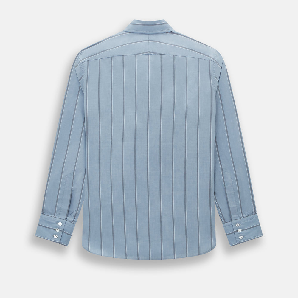 The Steel Blue Track Stripe Westminster Shirt by Turnbull & Asser features dark pinstripes, a classic collar, white buttons, and buttoned cuffs—expertly crafted to highlight British craftsmanship. Laid flat on white background.