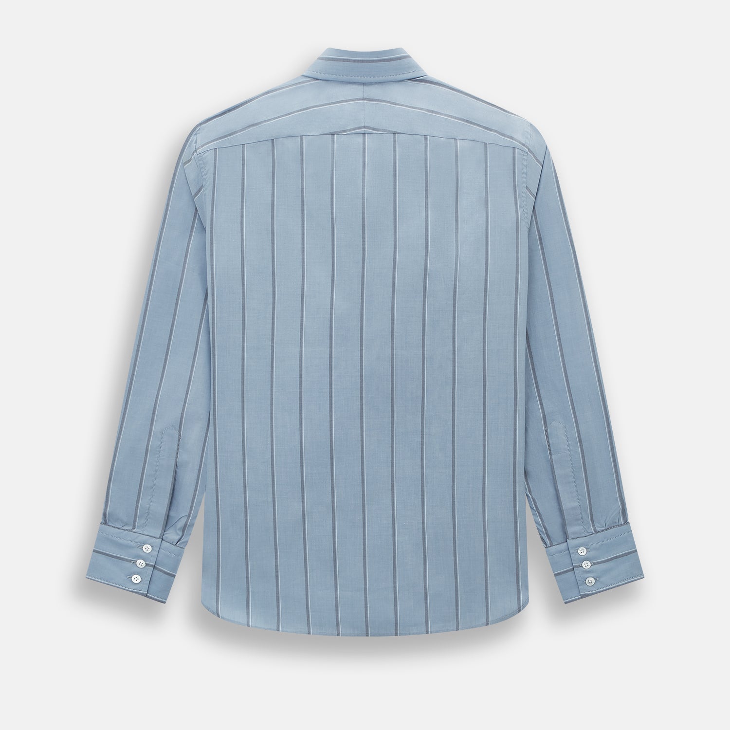 View 3 of product The Steel Blue Track Stripe Westminster Shirt by Turnbull & Asser features dark pinstripes, a classic collar, white buttons, and buttoned cuffs—expertly crafted to highlight British craftsmanship. Laid flat on white background.