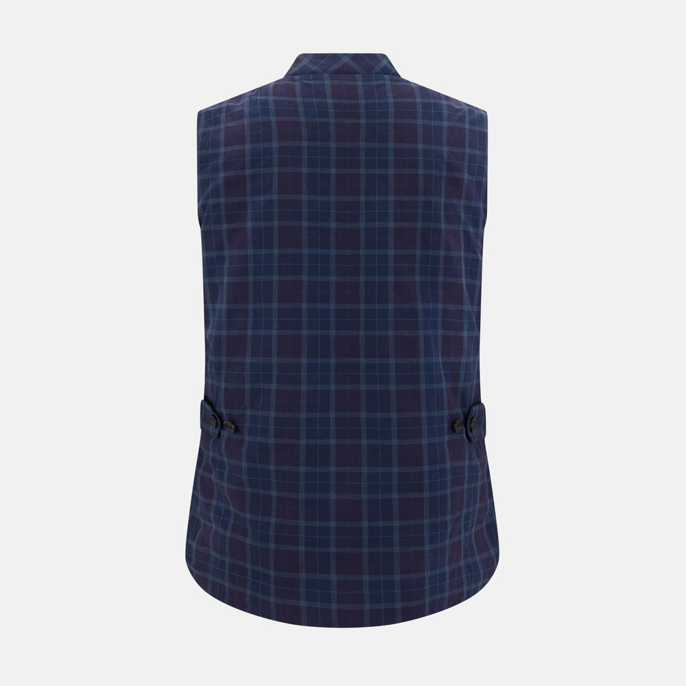 The Turnbull & Asser Navy and Purple Plaid Check Padded Gilet is sleeveless, has a front zipper, two zippered side pockets, a small chest pocket, and is shown on a plain white background.
