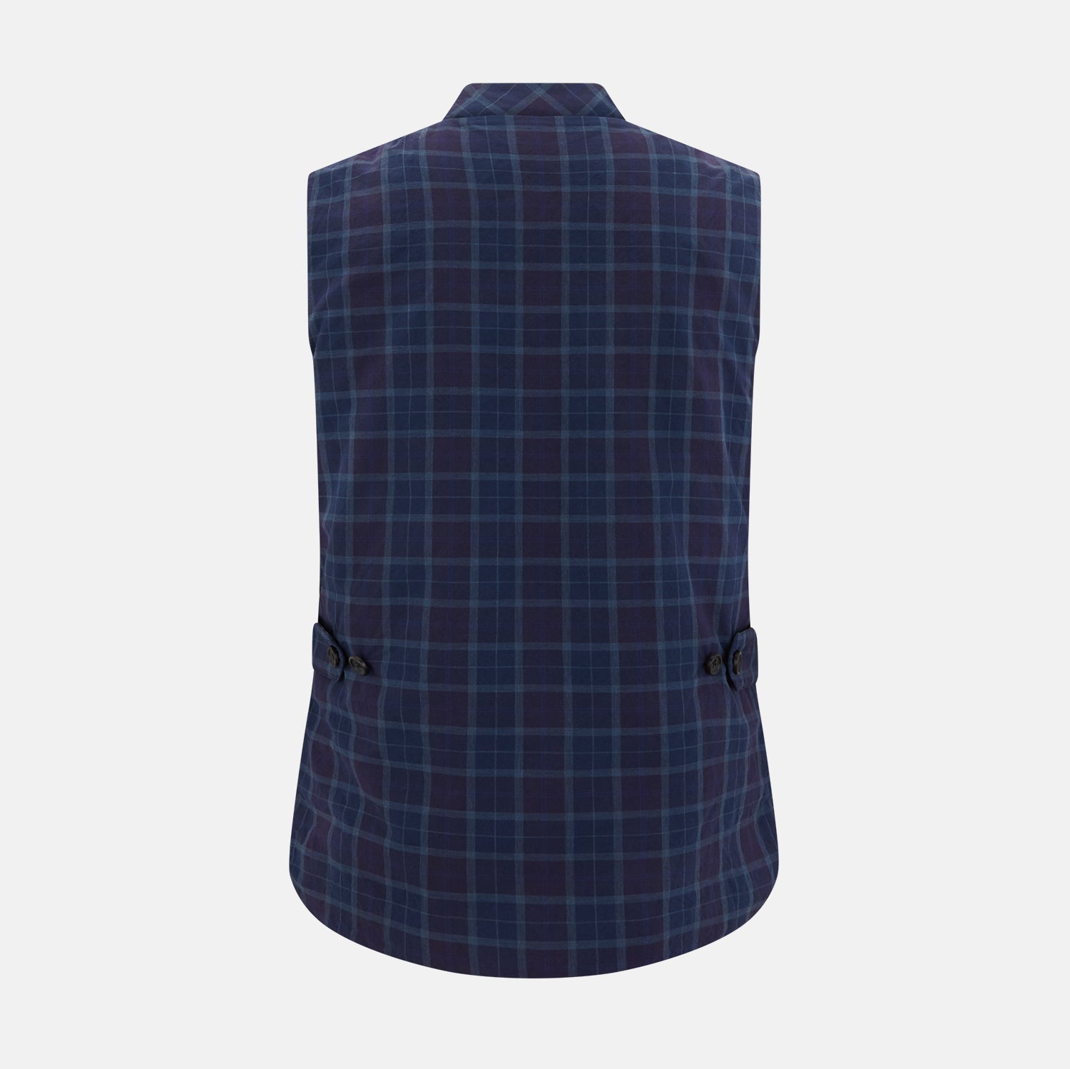 View 3 of product The Turnbull & Asser Navy and Purple Plaid Check Padded Gilet is sleeveless, has a front zipper, two zippered side pockets, a small chest pocket, and is shown on a plain white background.