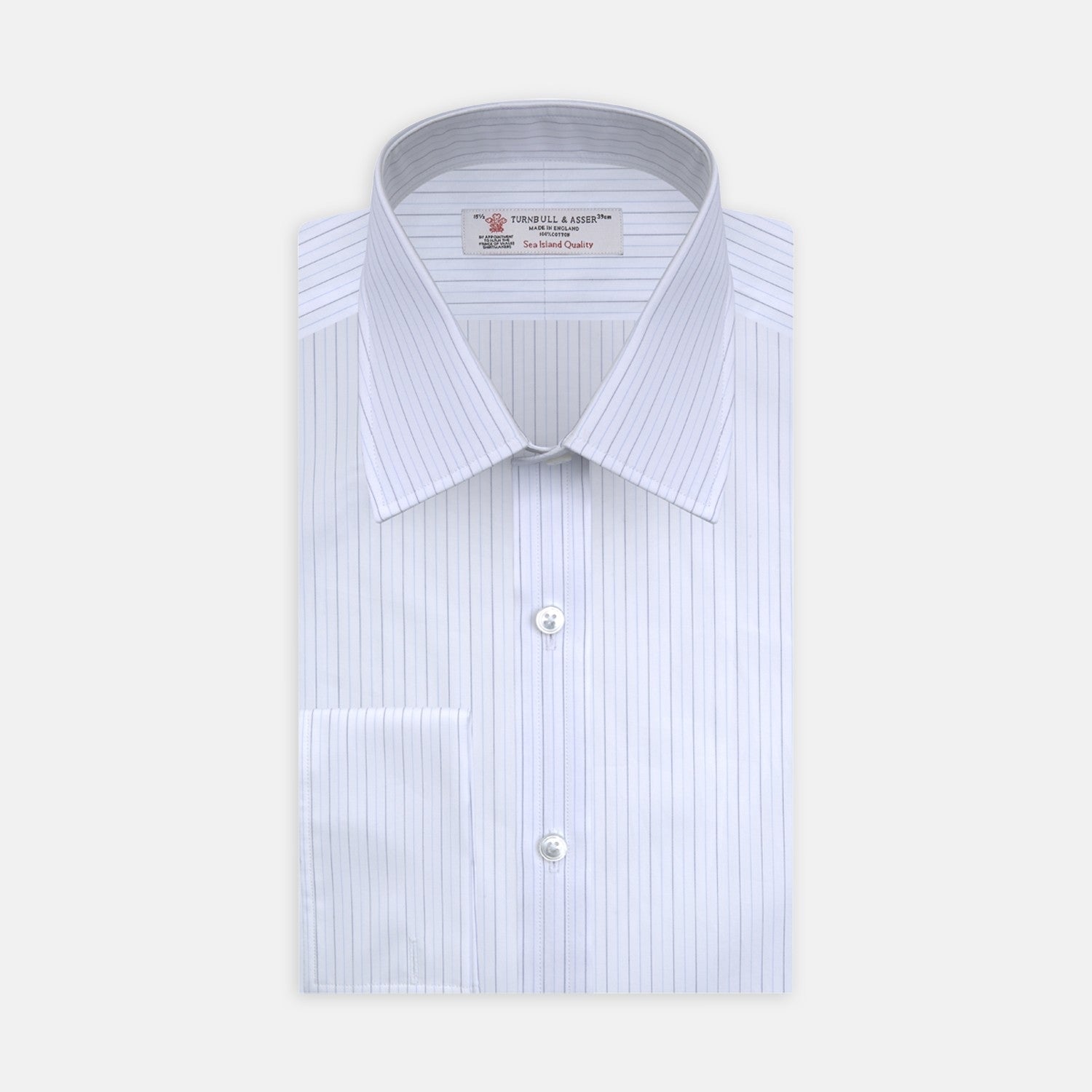 View 2 of product Close-up of Turnbull & Asser's Lilac, Blue and Navy Hairline Stripe Sea Island Quality Cotton Fabric, featuring evenly spaced thin pinstripes, displayed within a circular frame on a light gray background.