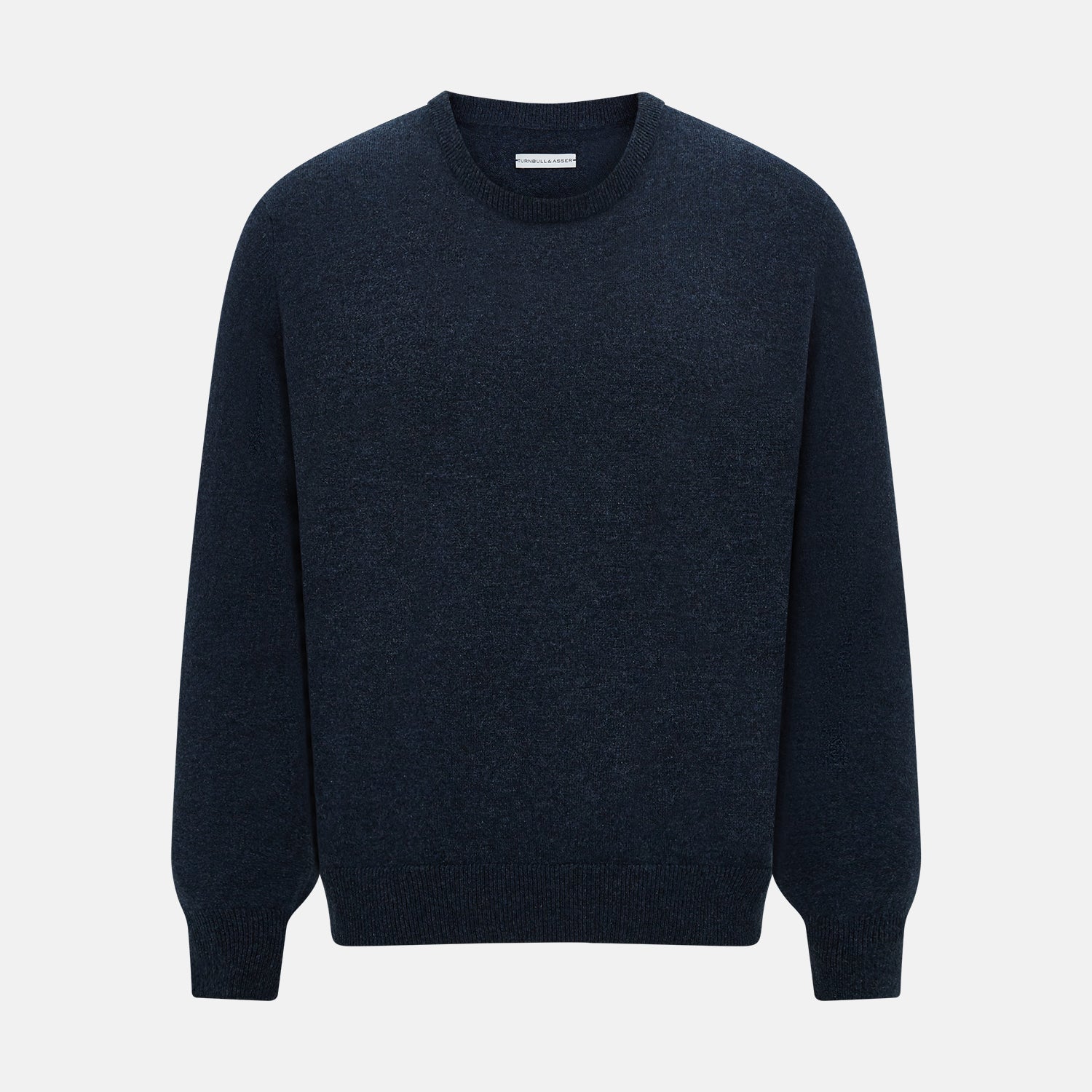 View 1 of product The Turnbull & Asser Midnight Blue Cashmere Round Neck Jumper, featuring long sleeves and ribbed trims, is shown against a light grey background.
