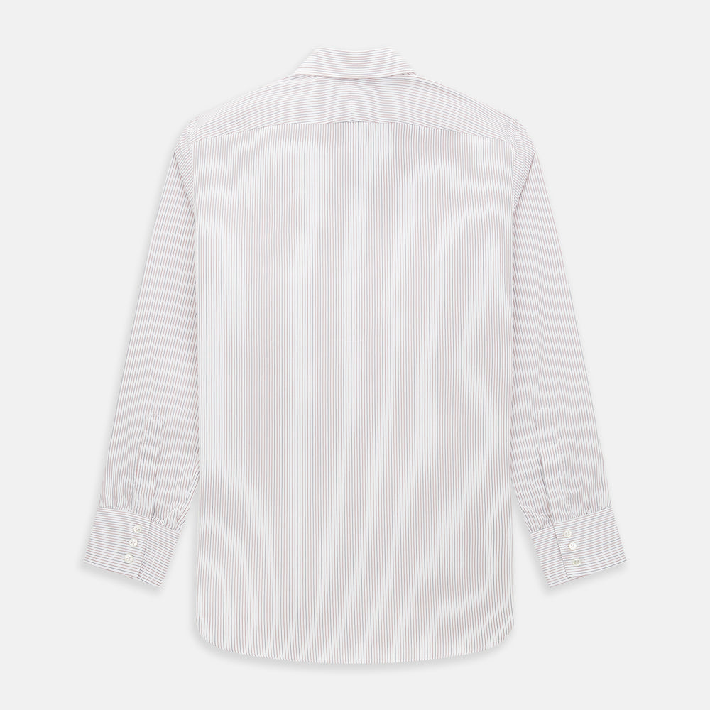 The Turnbull & Asser Red and Blue Ticking Stripe Westminster Shirt features long sleeves, a button-up front, pointed collar, and buttoned cuffs, highlighting British craftsmanship while laid flat on a white background.