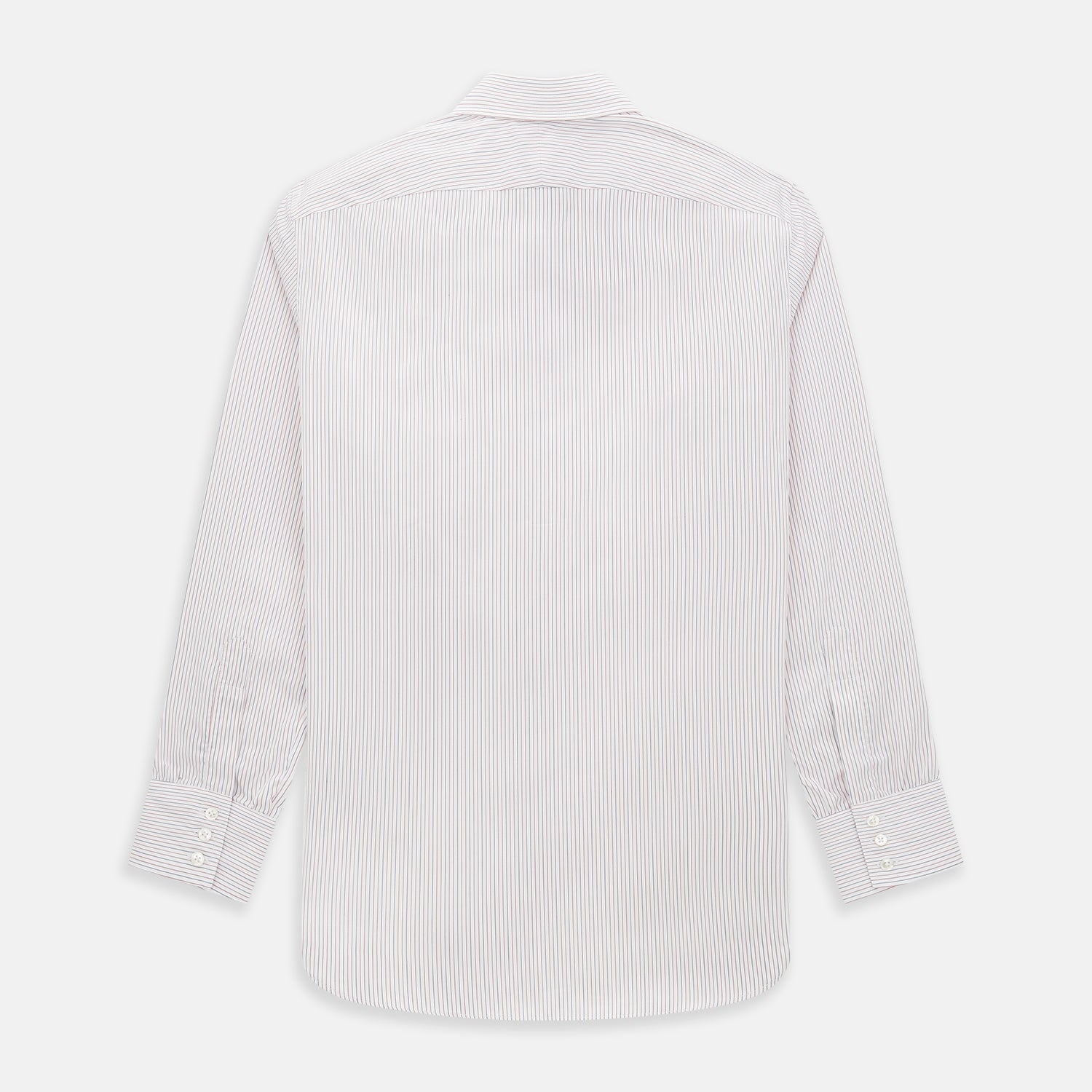 View 3 of product The Turnbull & Asser Red and Blue Ticking Stripe Westminster Shirt features long sleeves, a button-up front, pointed collar, and buttoned cuffs, highlighting British craftsmanship while laid flat on a white background.