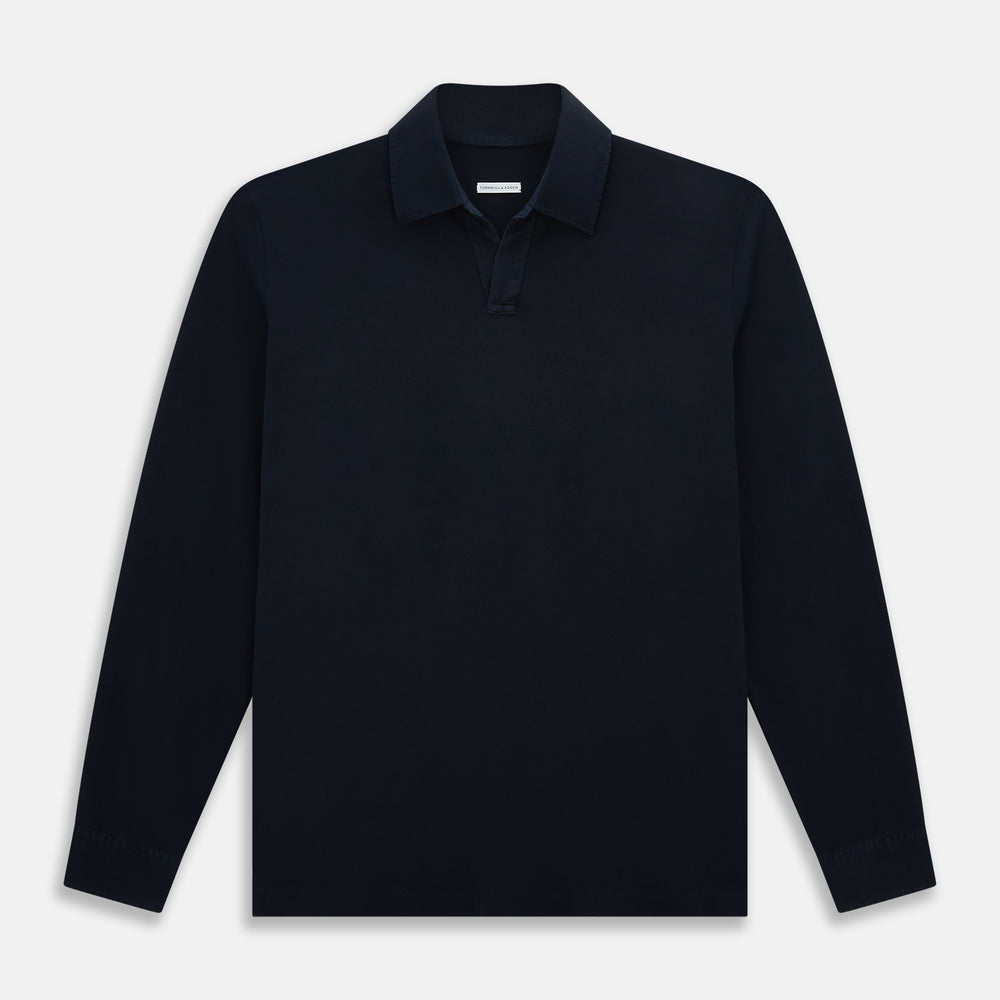 A Navy Rugby Polo Shirt by Turnbull & Asser, featuring long sleeves and a collar, is displayed flat on a white background. The design is simple and free of visible logos or patterns.