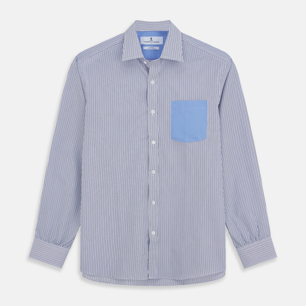 The Turnbull & Asser Blue Multi Stripe Cotton RE-PURPOSE Weekend Fit Finch Shirt features thin blue and white stripes, a contrasting light blue checkered chest pocket, and is crafted sustainably using recycled fabrics.