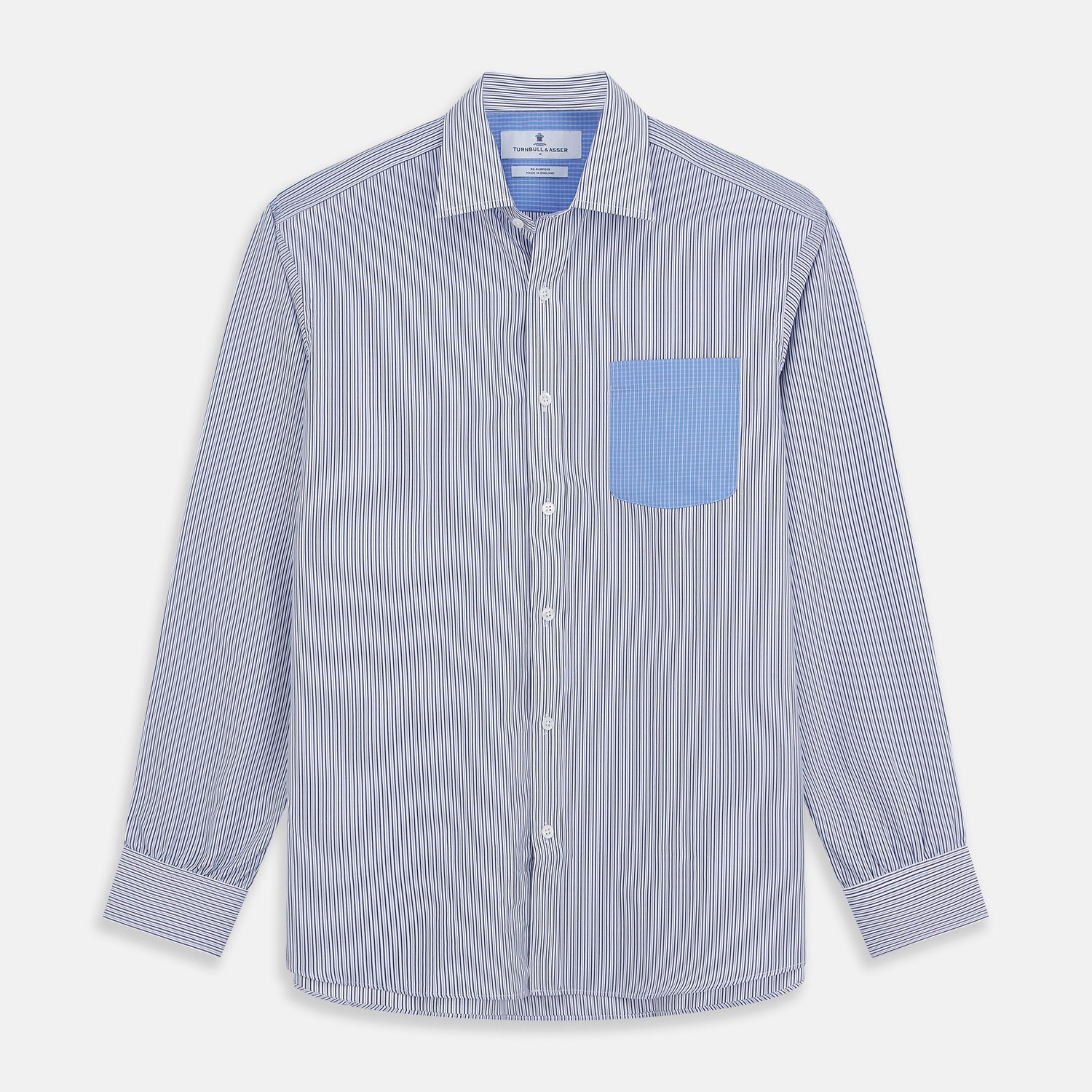 View 1 of product The Turnbull & Asser Blue Multi Stripe Cotton RE-PURPOSE Weekend Fit Finch Shirt features thin blue and white stripes, a contrasting light blue checkered chest pocket, and is crafted sustainably using recycled fabrics.