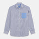 The Turnbull & Asser Blue Multi Stripe Cotton RE-PURPOSE Weekend Fit Finch Shirt features thin blue and white stripes, a contrasting light blue checkered chest pocket, and is crafted sustainably using recycled fabrics.