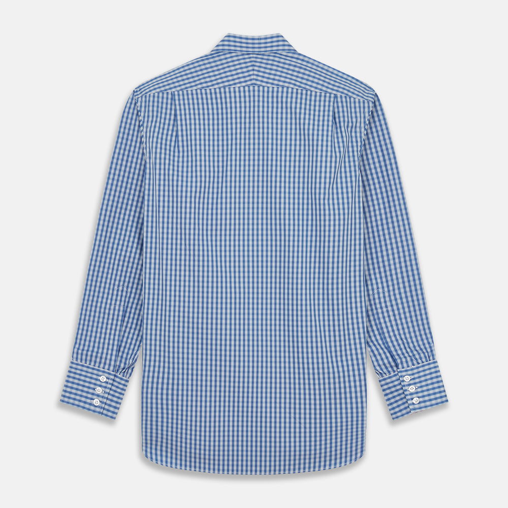 The Turnbull & Asser Navy Multi Check Cotton Regular Fit Mayfair Shirt features long sleeves, button-down front, collar, and buttoned cuffs in a navy and white check pattern, shown against a plain white background.