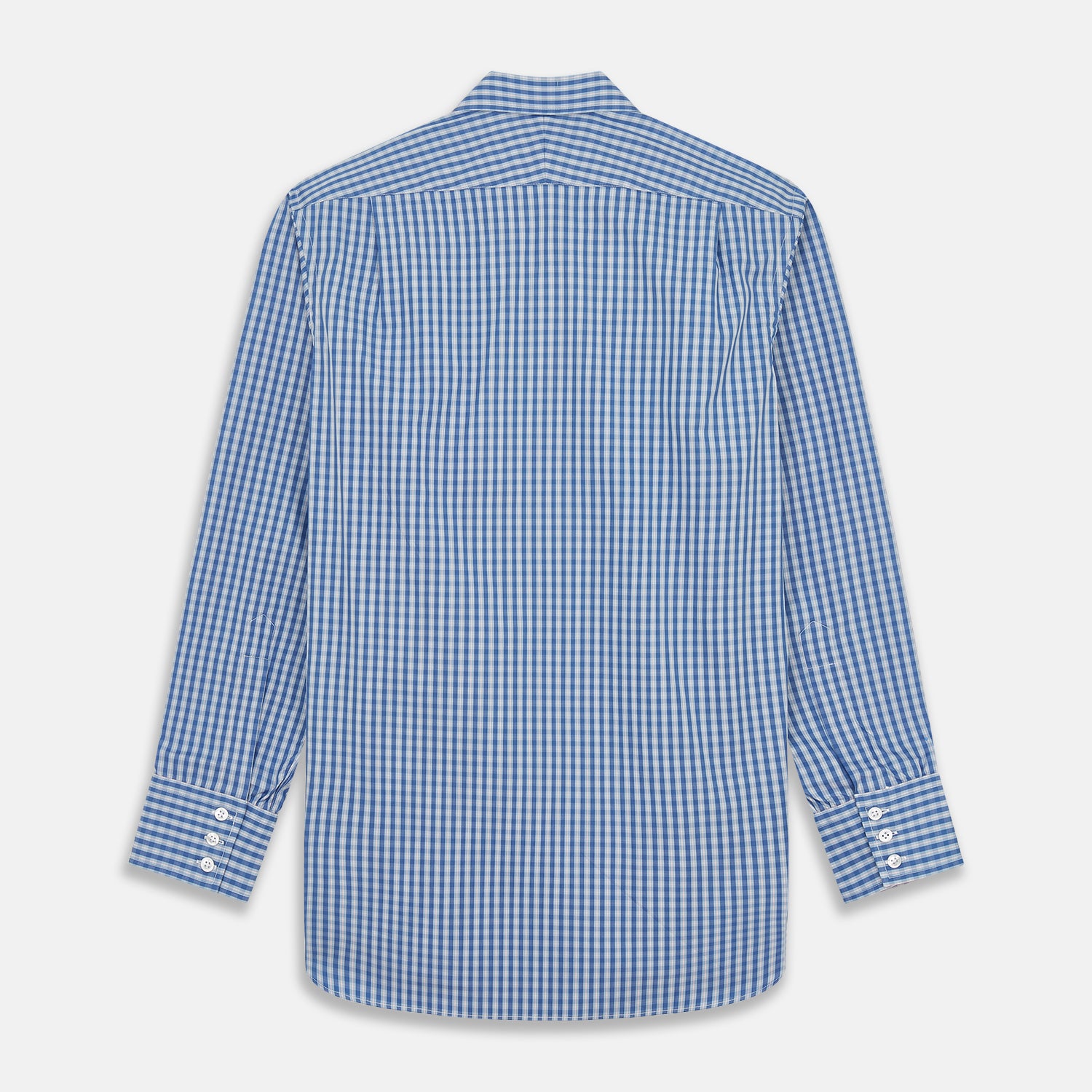 View 5 of product The Turnbull & Asser Navy Multi Check Cotton Regular Fit Mayfair Shirt features long sleeves, button-down front, collar, and buttoned cuffs in a navy and white check pattern, shown against a plain white background.