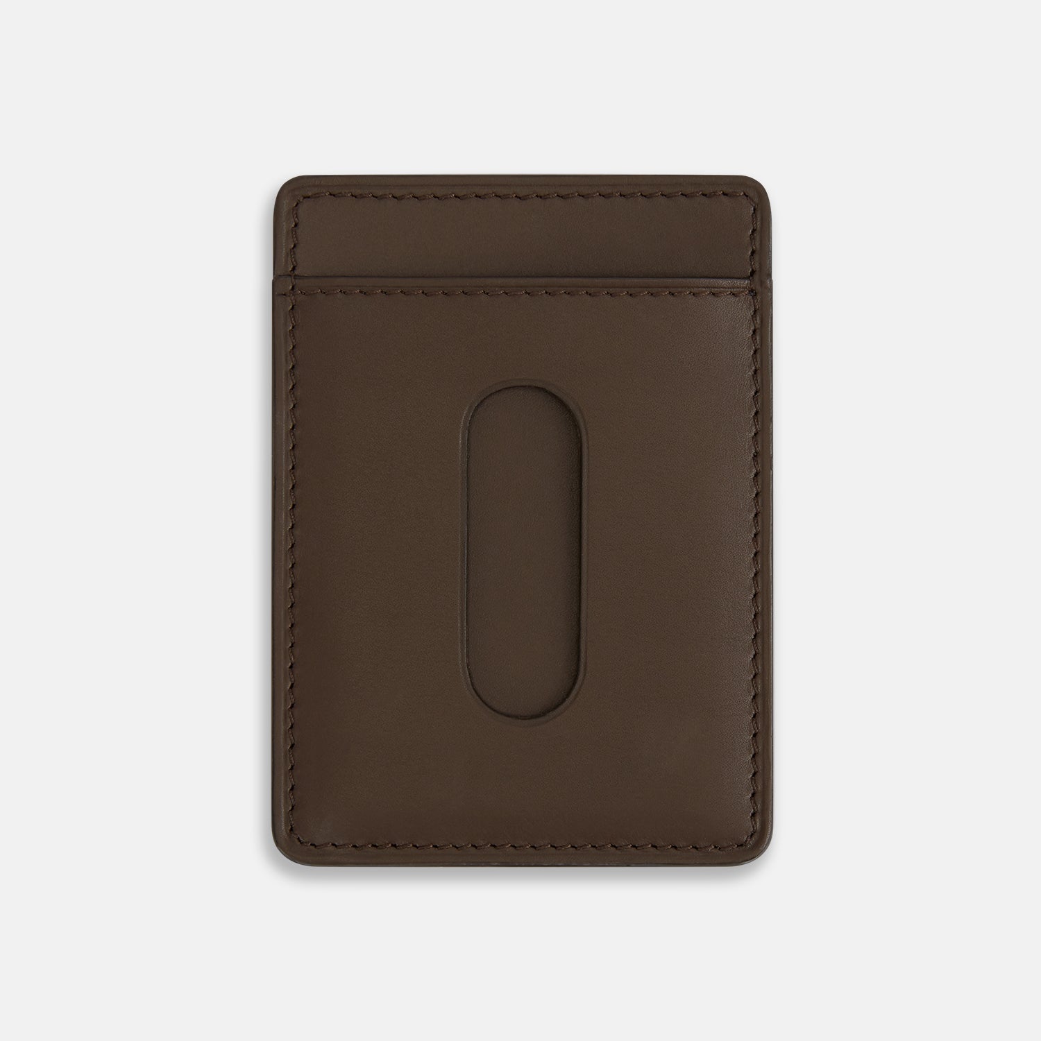 View 2 of product The Dark Chocolate Two-slot Card Case by Turnbull & Asser features slim Italian leather, subtle stitching, and white embossed branding at the bottom center—a refined minimalist accessory on a plain white background.