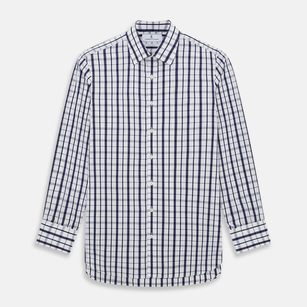 The Turnbull & Asser Navy Plaid Check Mayfair Shirt is crafted from pure cotton in white and navy checks, featuring a pointed collar and buttoned cuffs—perfect for formal looks.