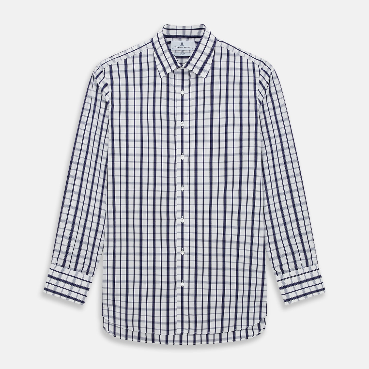 View 1 of product The Turnbull & Asser Navy Plaid Check Mayfair Shirt is crafted from pure cotton in white and navy checks, featuring a pointed collar and buttoned cuffs—perfect for formal looks.