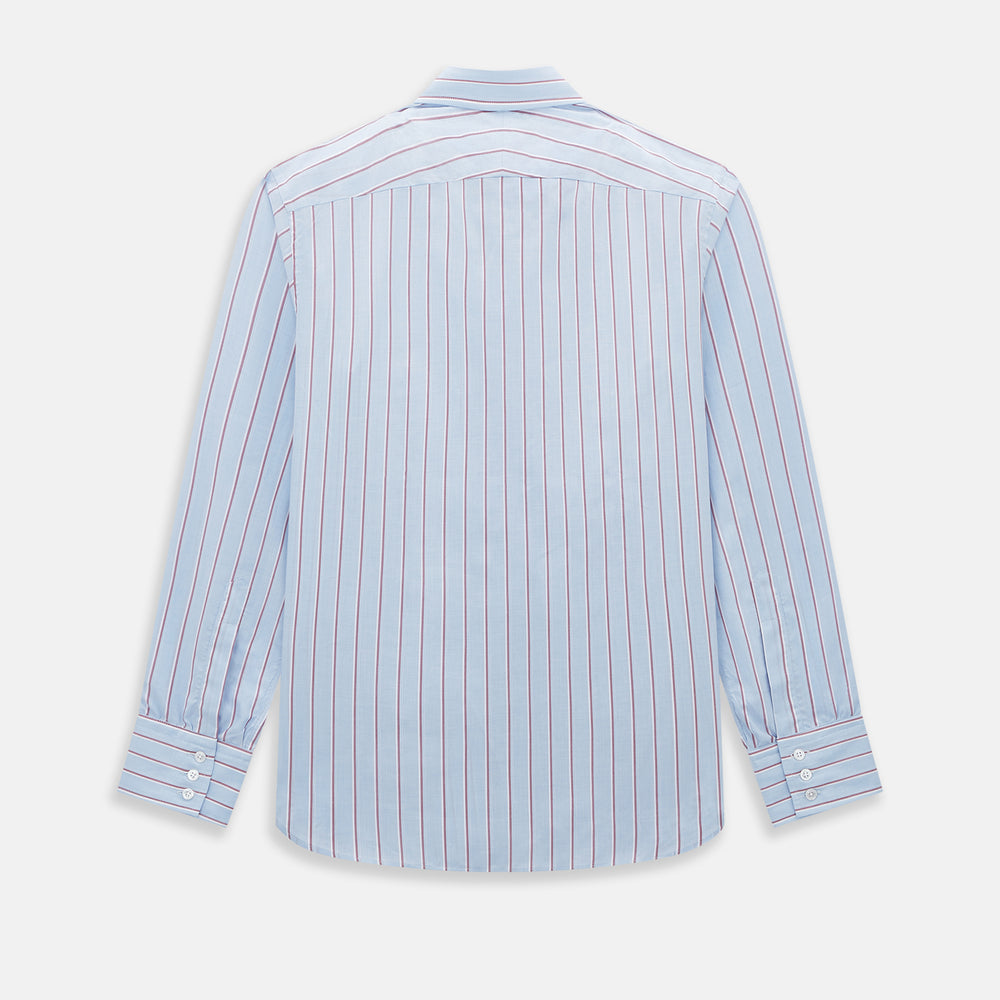 The Turnbull & Asser Blue and Burgundy Multi-Stripe Westminster Shirt features a pointed collar and long sleeves, laid flat on a white background to highlight its fine British craftsmanship.
