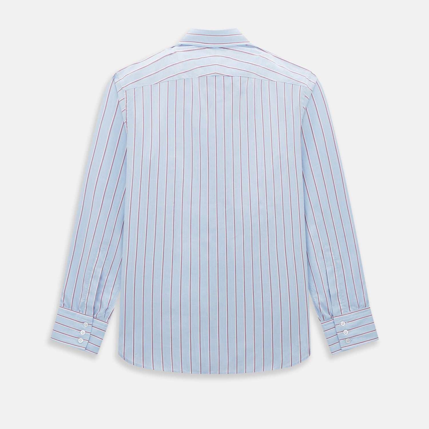 View 3 of product The Turnbull & Asser Blue and Burgundy Multi-Stripe Westminster Shirt features a pointed collar and long sleeves, laid flat on a white background to highlight its fine British craftsmanship.