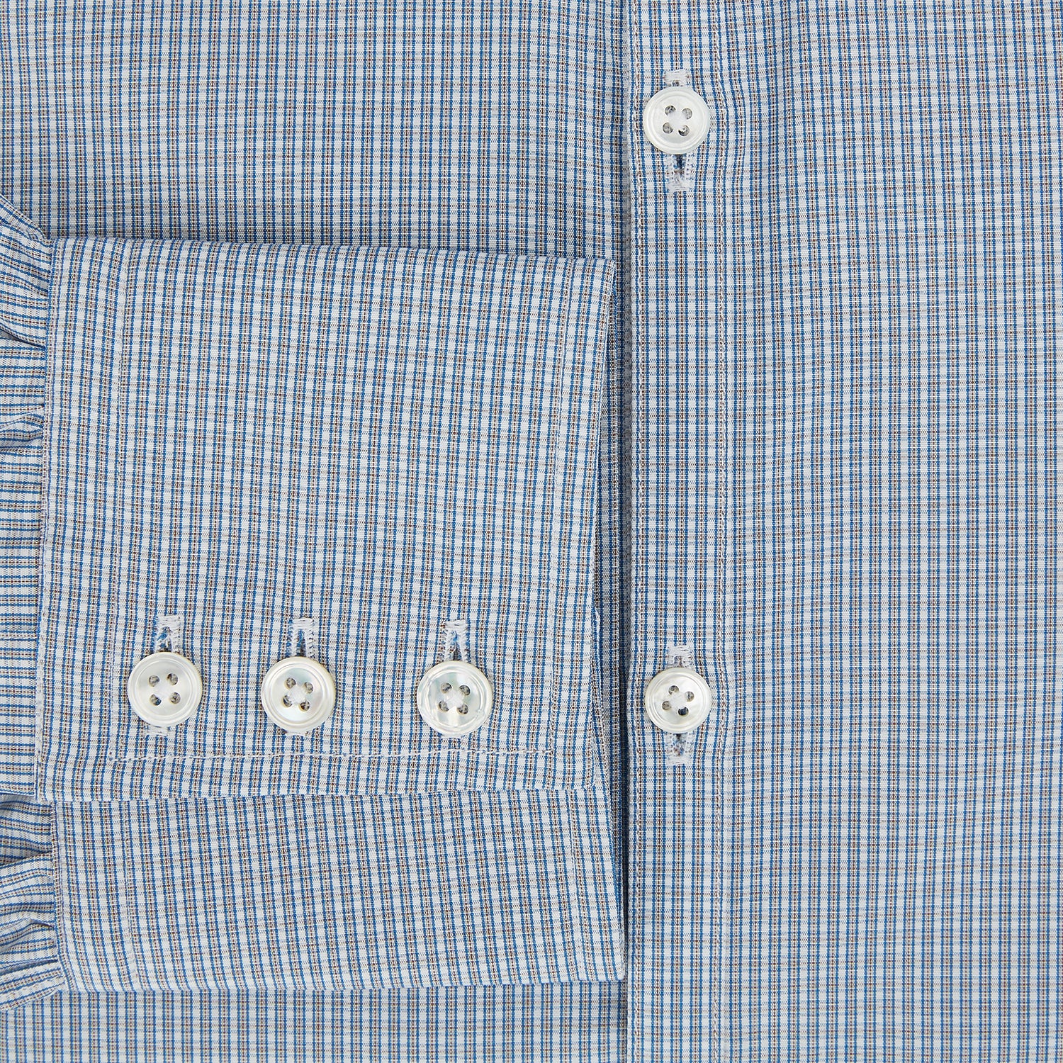 View 4 of product The Turnbull & Asser Blue and Brown Micro Shadow Check Westminster Shirt features a refined collar and white buttons, showcasing timeless British craftsmanship.