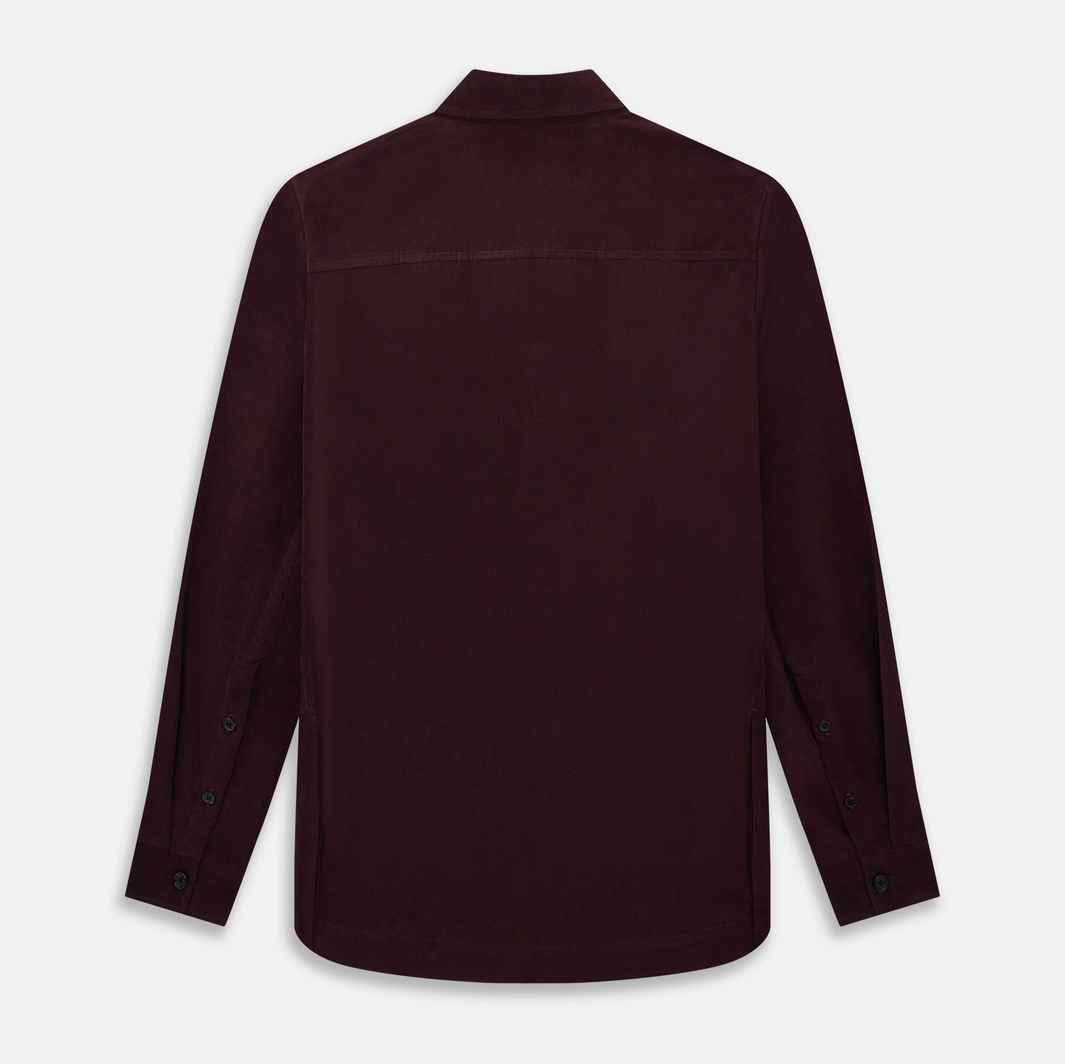 View 3 of product The Turnbull & Asser Burgundy Corduroy Hampstead Overshirt features long sleeves, a collar, a large left chest pocket, and two zippered side pockets, shown laid flat on a plain white background.
